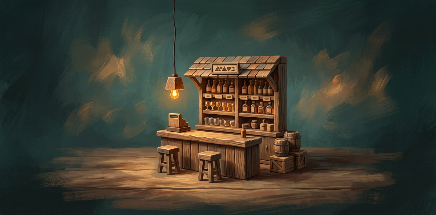 Illustration d’un petit bar en bois avec des étagères de bouteilles sous une lampe suspendue