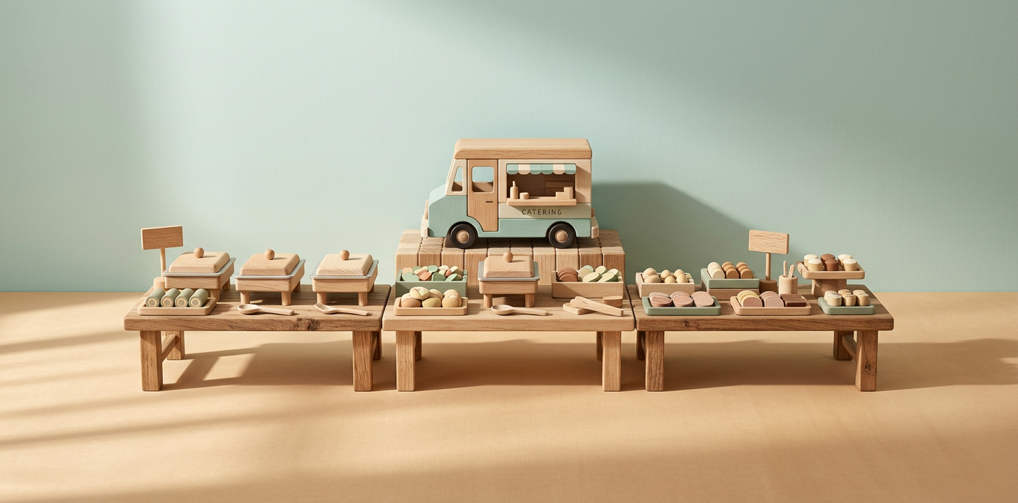 Illustration d’un camion de traiteur en bois derrière des tables de buffet et des plats couverts
