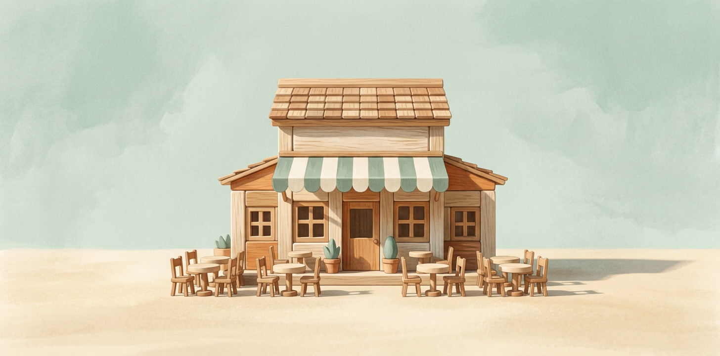Illustration d’un petit restaurant en bois, avec un auvent rayé et des tables sur le sable